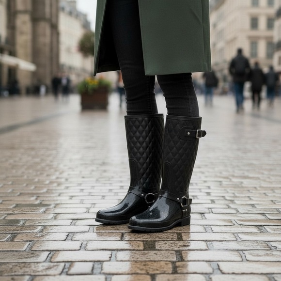 Stuart Weitzman Black Leather & Rubber Stirrup Rain Boots Size 39 (Size 8.5) - Picture 3 of 16